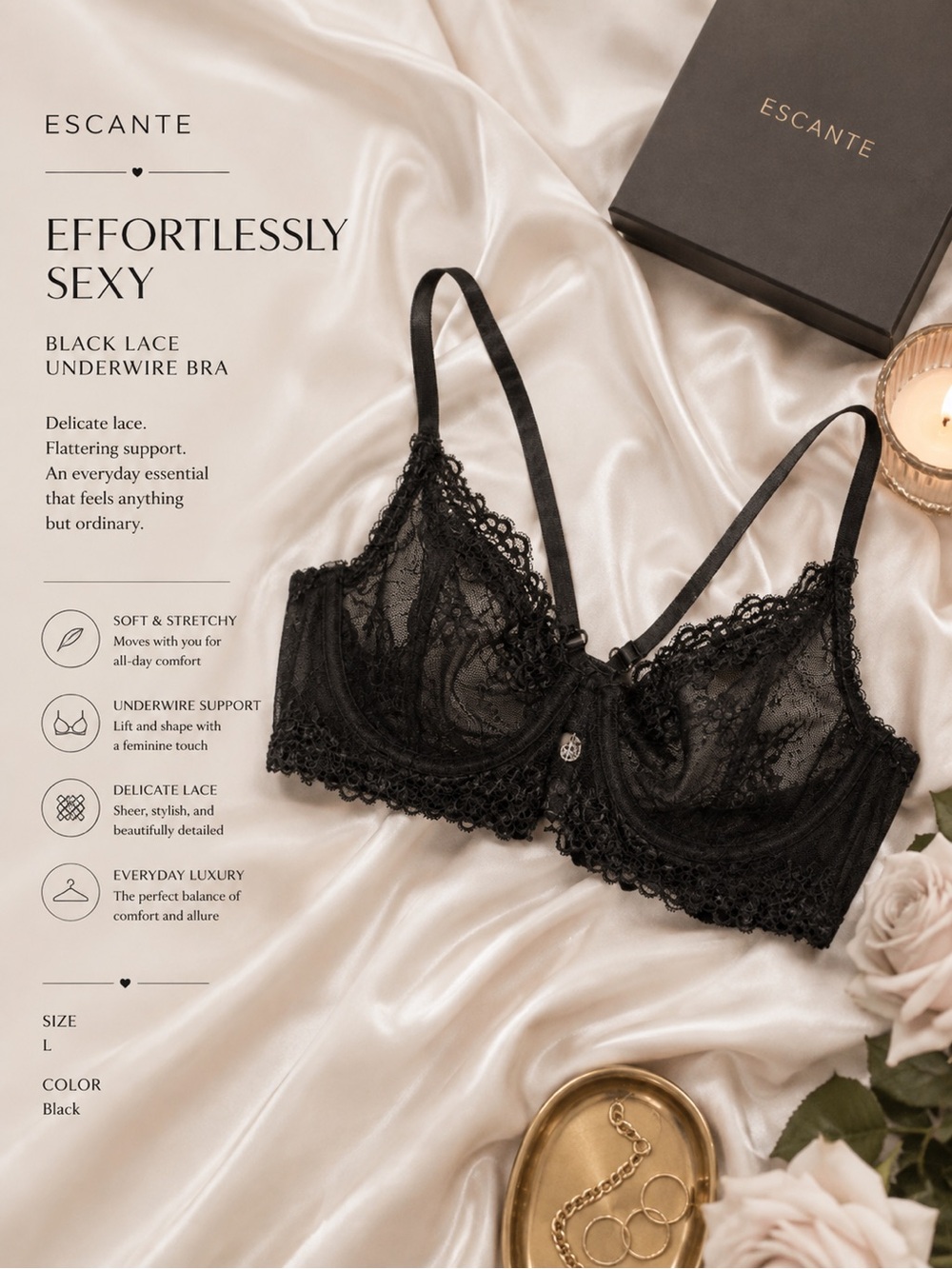 Chic Black Lace Underwire Bra - Picture 3 of 16